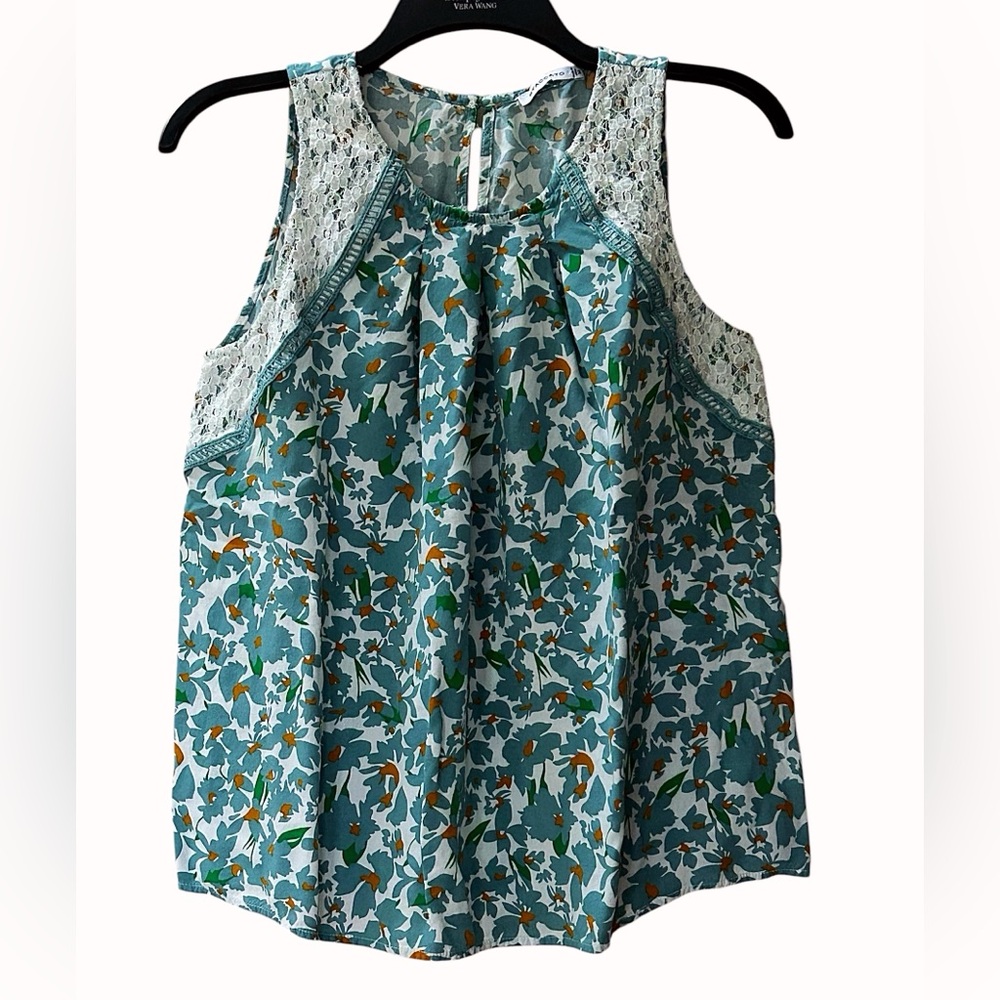 Staccato Teal Floral White Lace Trim Lightweight Tank Top Size M